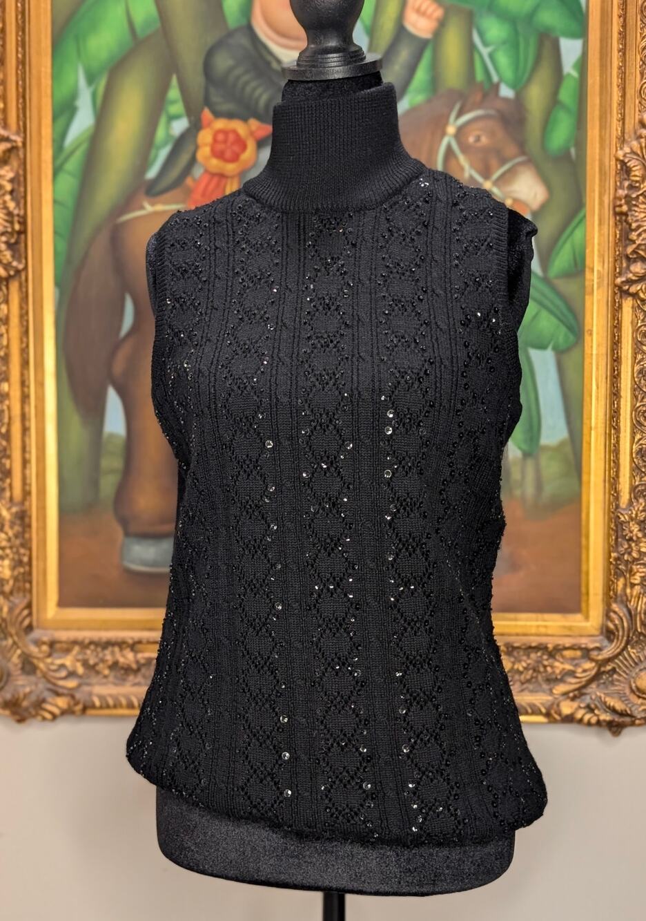 VTG 80s Liz Claiborne Sequin Merino Wool Turtleneck Sweater Vest Womens M Black